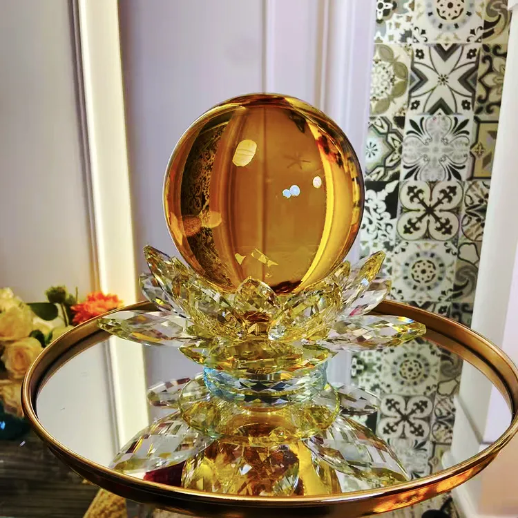 黄色大号k9水晶球摆件水晶莲花底座