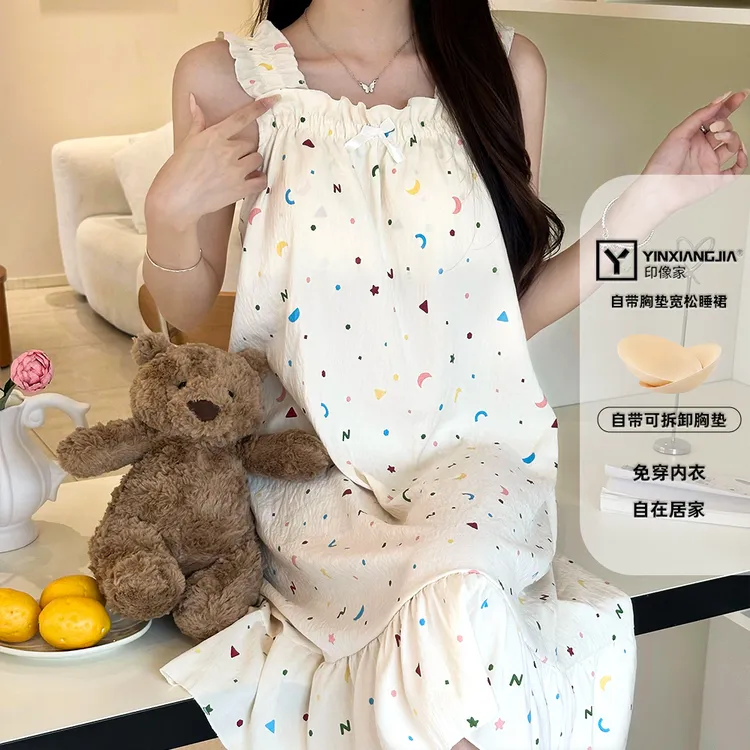 印像家2025夏秋季吊带新款公主风宽松卡通睡裙带胸垫简约家居服商品图