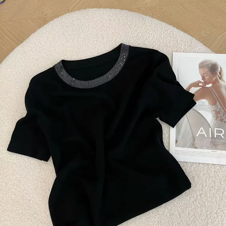 韩版百搭2026年时尚显瘦烫钻圆领短袖气质休闲针织上衣H6-41