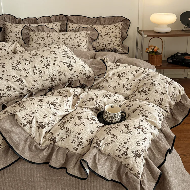 新款亚麻皱皱纱花边床盖款四件套复古风被套床单家用床上用品套件