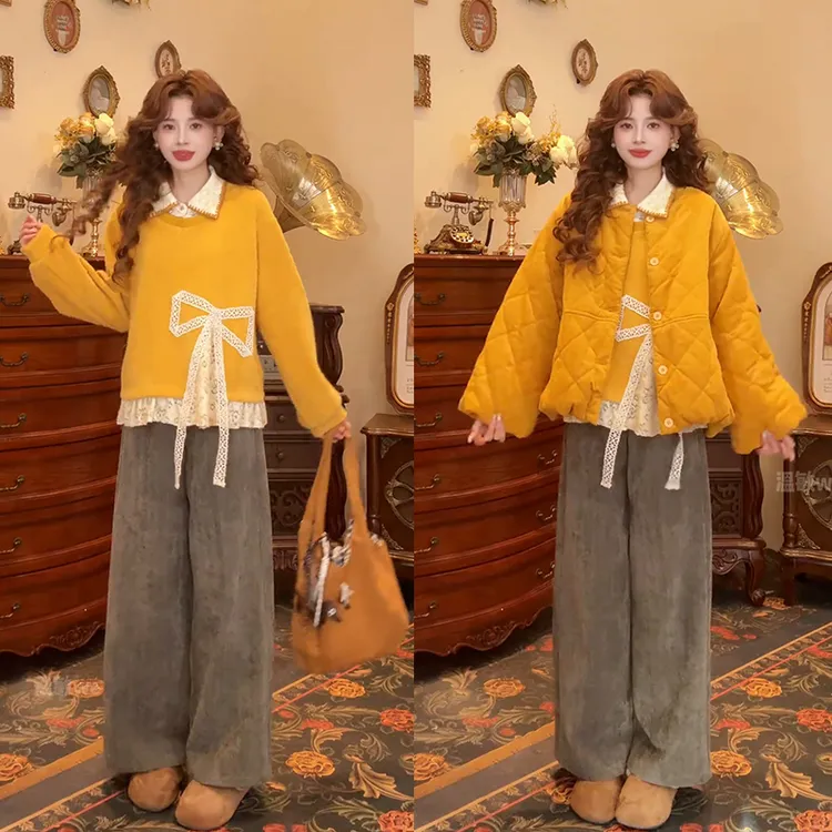 秋冬超火穿搭一整套女2025新款假两件卫衣复古棉服外套裤子三件套