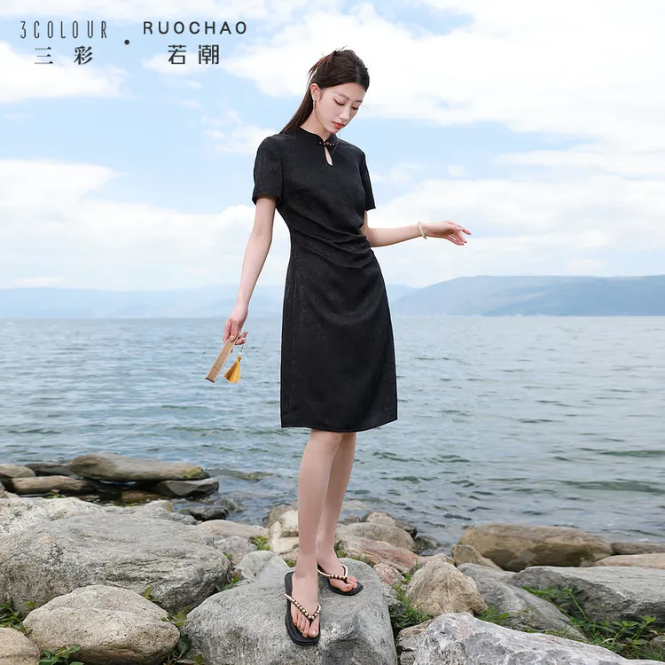 【商城专享】三彩大码女装夏季国风旗袍连衣裙立领提花