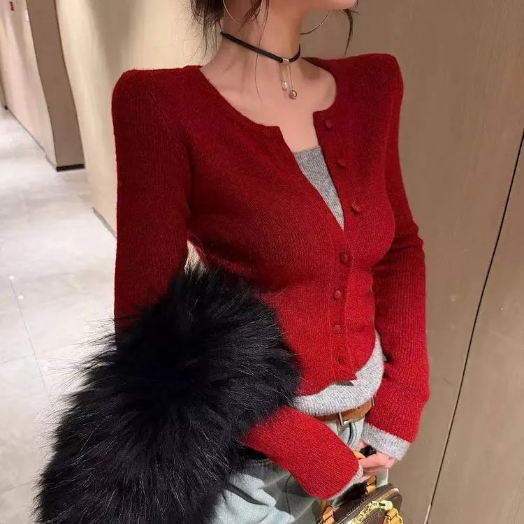 圣诞新年！韩系撞色时尚假两件一衣两穿 慕斯加绒修身显瘦上衣女