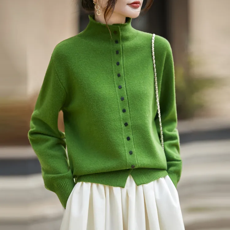 秋冬高领针织开衫女外套宽松显瘦纯色上衣百搭打底衫
