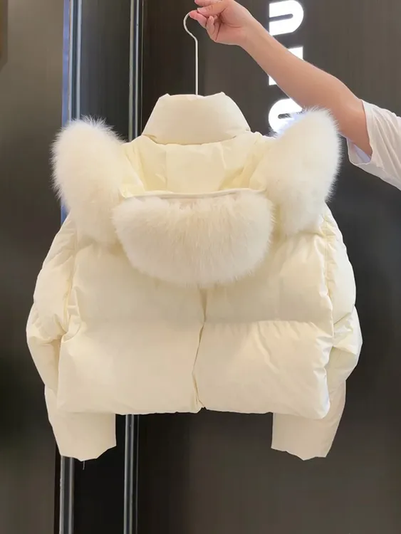 2025冬季新款韩系甜美风保暖面包服高级感奶呼呼白色短款毛领外套
