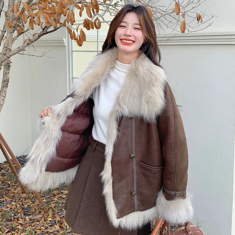美拉德咖色仿皮毛一体毛毛皮衣外套女冬2025新款韩系加厚绒棉服