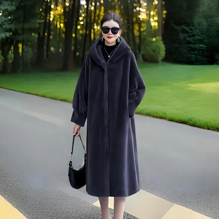 【依岚·金标团购】长款连帽天鹅绒级时尚保暖外套·金标正版气质大衣