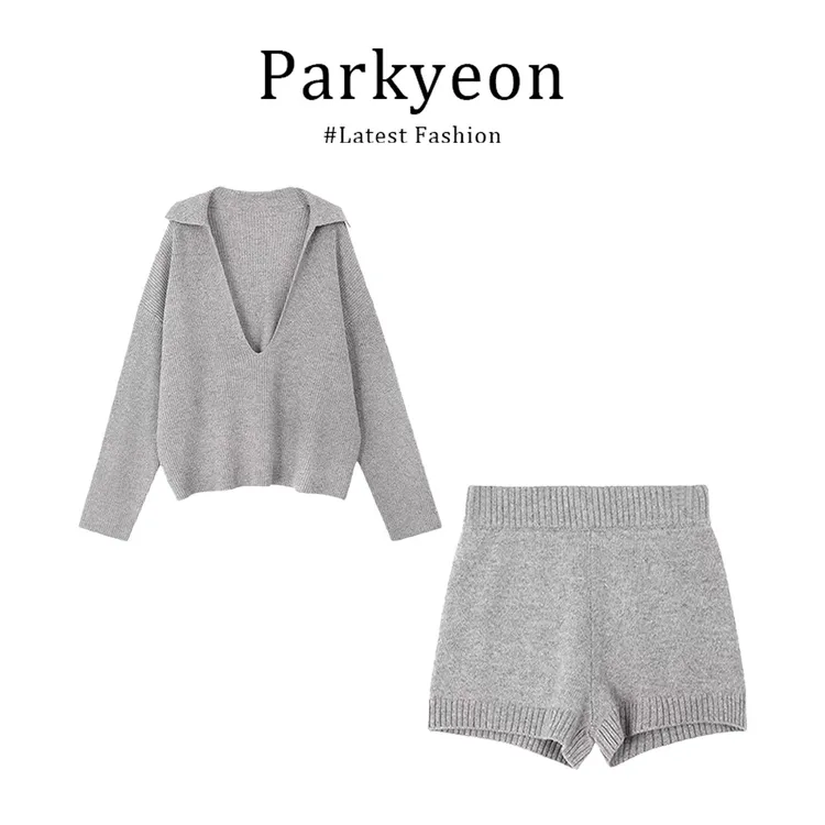 parkyeon早秋时尚简约风长袖毛衣翻领上衣休闲轻奢百搭短裤两件套