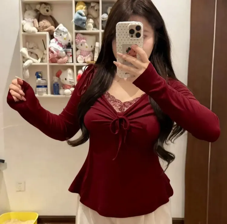 Bai大码【粉桃】胖mm纯欲风蝴蝶结蕾丝内搭显瘦修身251381