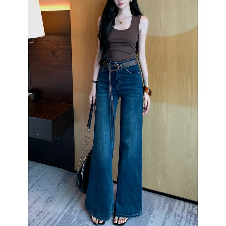 简约百搭不贴腿微喇牛仔裤女2025早秋新款高腰宽松弹力显瘦拖地裤