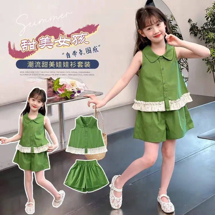 女童夏季套装2025新款洋气小女孩洋气娃娃领无袖衬衫短裤两件套潮