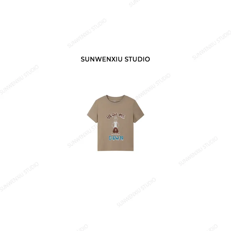 swx studio 大力水手 100%棉卡通数码印花小短款圆领短袖T恤422C
