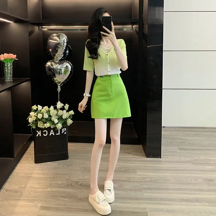 夏季新款时尚套装女名媛御姐气质女神范绿色上衣半身裙套装女