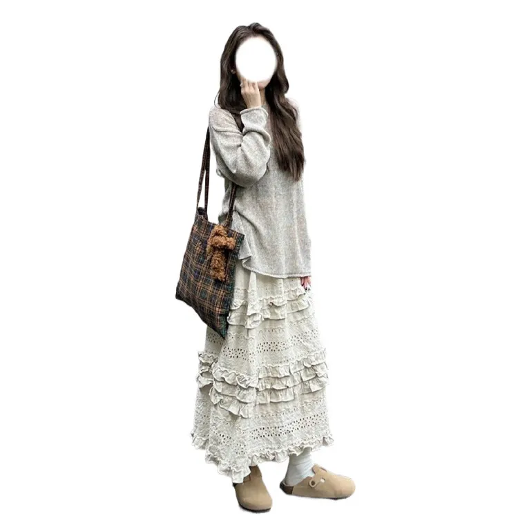 韩系穿搭套装女春季港风慵懒长袖镂空针织衫设计感花边高腰半身裙