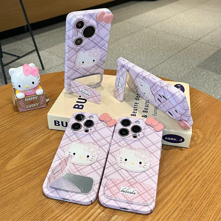 雅天立简约格纹蝴蝶结kt适用苹果16/13手机壳华为vivoppo小米15女