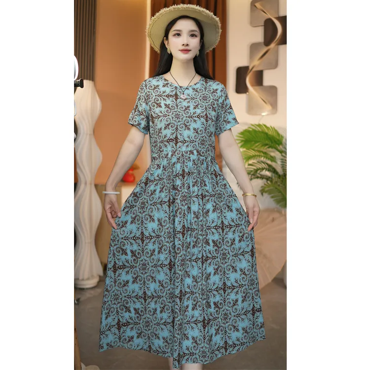 （青蔓）妈妈装中长款棉绸裙子夏季新款时尚短袖系带大码连衣裙
