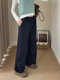程程甄选  韩系甜美木耳边星空细闪蛋糕休闲直筒裤1139
