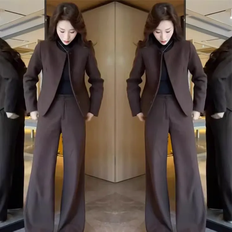大码女装时尚套装2025秋冬新款咖色西装阔腿裤两件套显瘦加棉外套