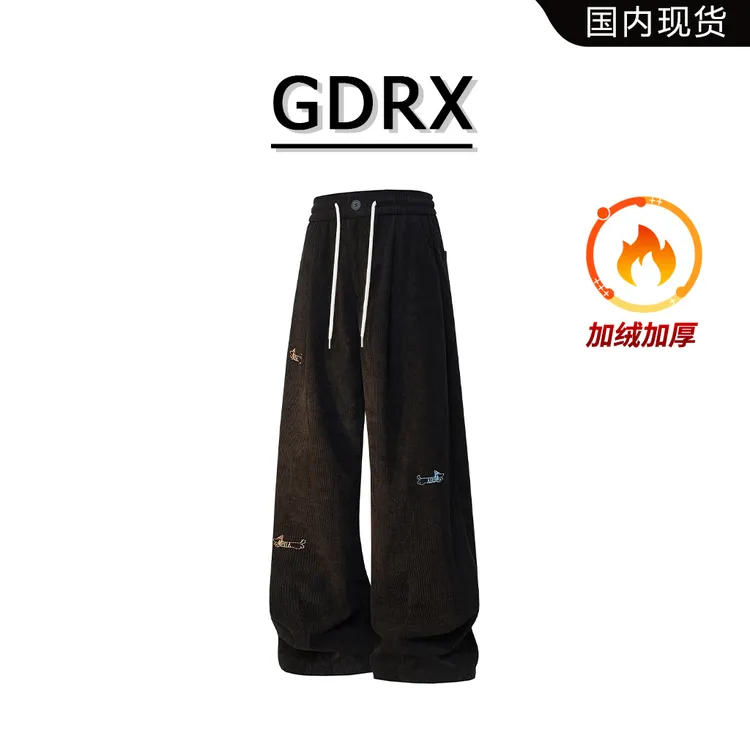 GDRX美式潮流时尚休闲裤男冬季加绒小狗图案设计感痞帅男生裤子