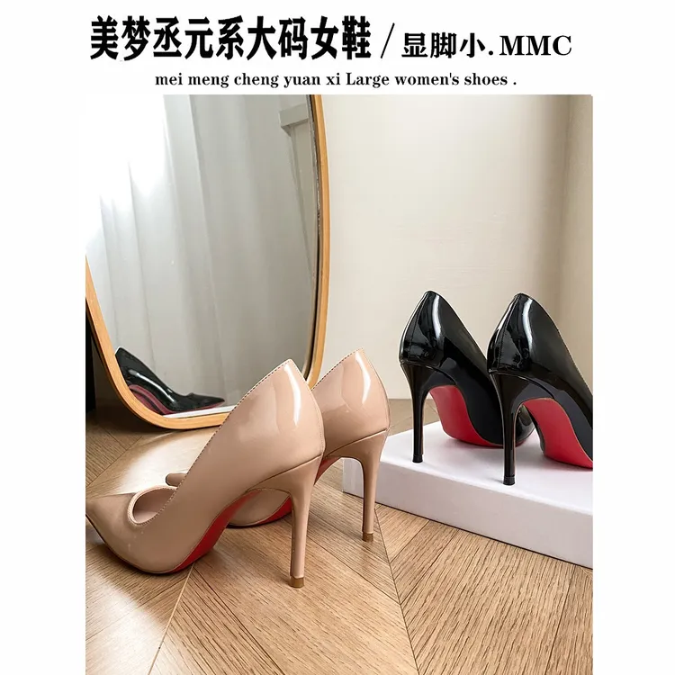 黑色气质高跟鞋大码41-43胖宽脚尖头性感细跟通勤工作鞋加肥单鞋