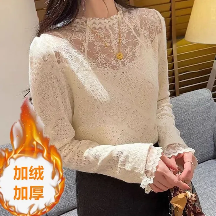 修身镂空高领蕾丝针织衫女秋冬新款小个子法式高级长袖打底衫上衣