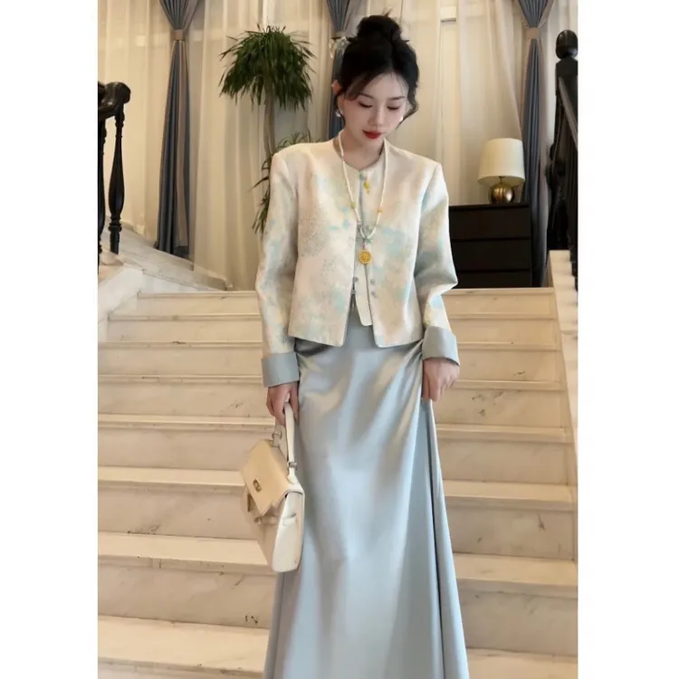 新中式国风套装女春季新款提花盘扣气质外套缎面半身裙两件套
