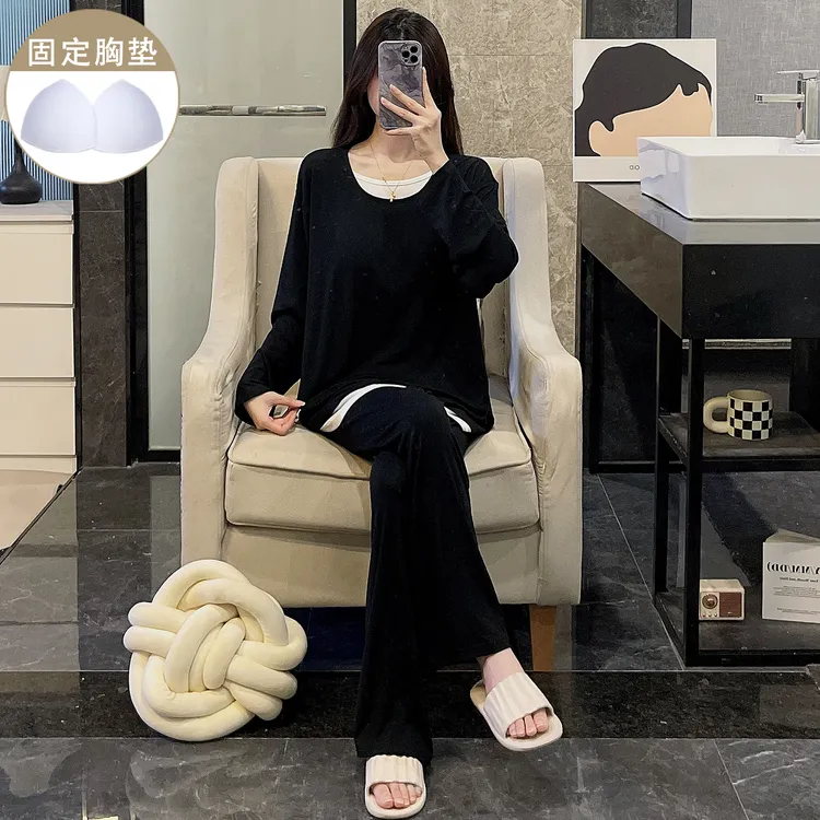 宽松睡衣女春秋季黑色可外穿长袖长裤圆领秋冬韩系休闲家居服套装