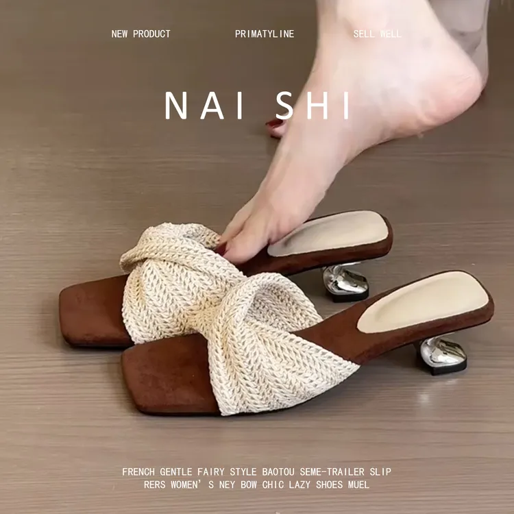 羊皮版！复古编织坡跟罗马凉鞋女设计感度假风方头露趾沙滩凉拖鞋