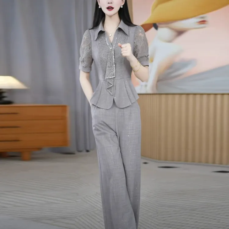 琉璃丝显瘦短袖女神范女装新款套装夏装时尚休闲上衣加裤子两件套