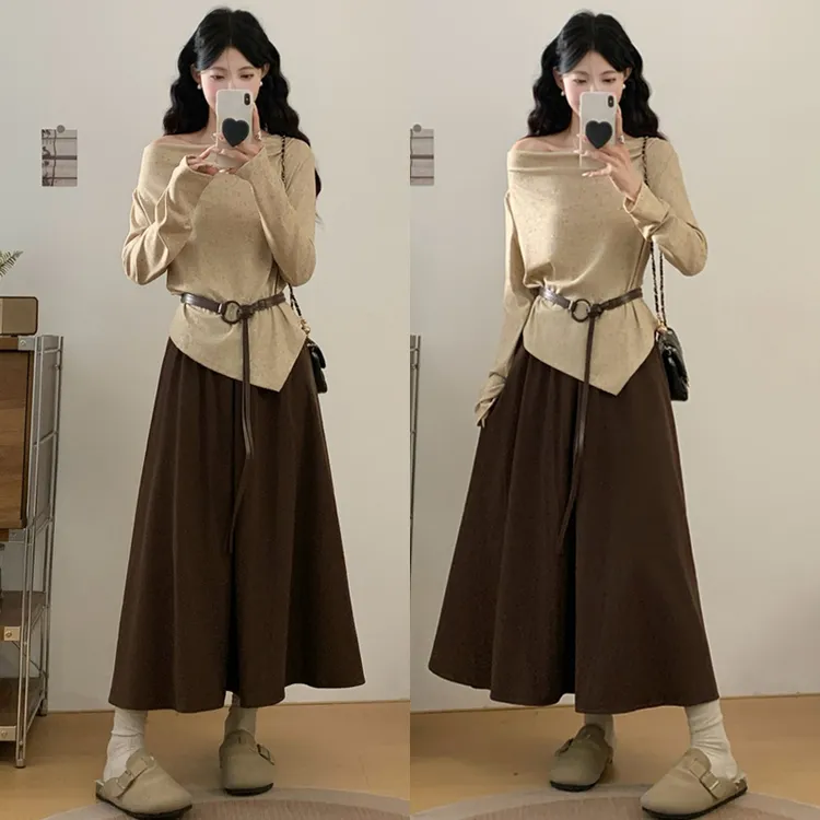 大码胖mm秋季新款禅意风显瘦时尚荡领小衫+半身裙两件套装女