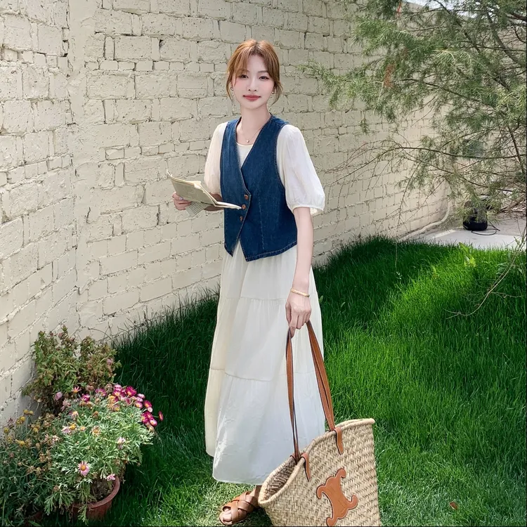 休闲风通勤温柔风时尚套装背心百搭夏季长裙吊带裙显瘦气质法式