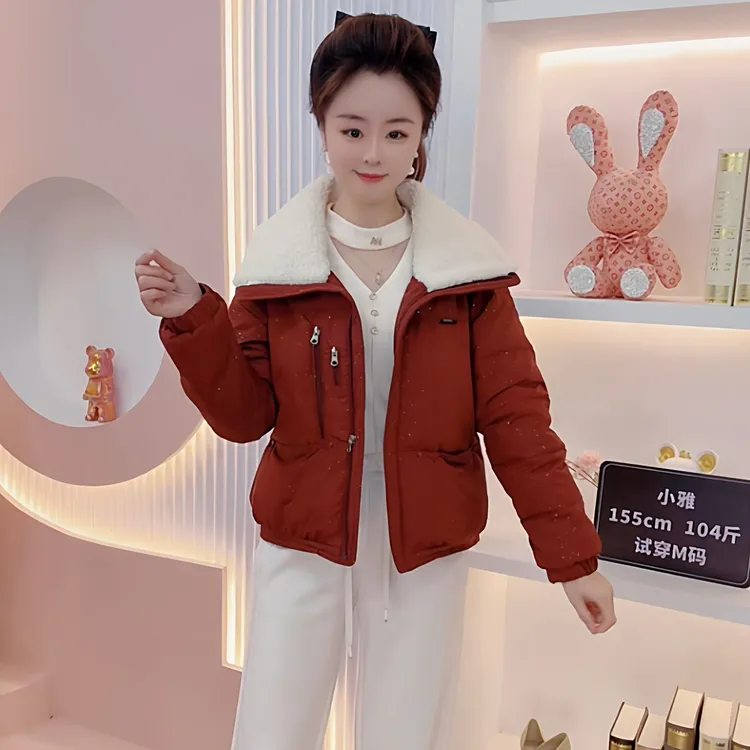 时尚仿羊羔毛翻领棉服女冬季新款洋气小个子短款棉衣保暖棉袄外套