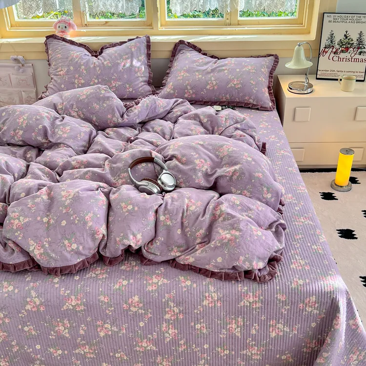 秋冬棉加绒床盖床单花边A版全棉双层纱B版宝宝绒加厚韩式夹棉绗缝