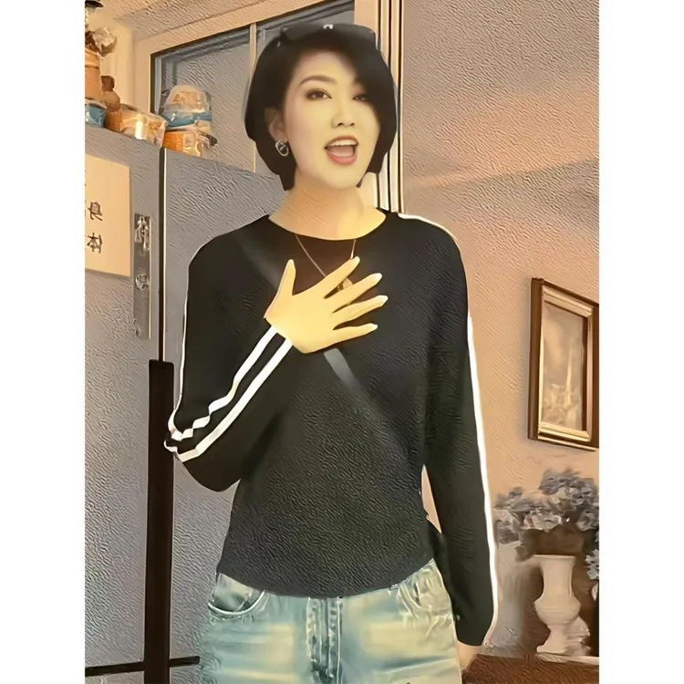 微透麻纱长袖T恤女手臂条杠圆领长袖轻薄透气黑色上衣