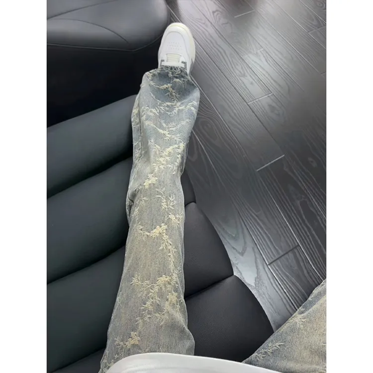 浅蓝色提花牛仔裤美式高街vibe裤子男秋冬加绒加厚水洗直筒微喇裤