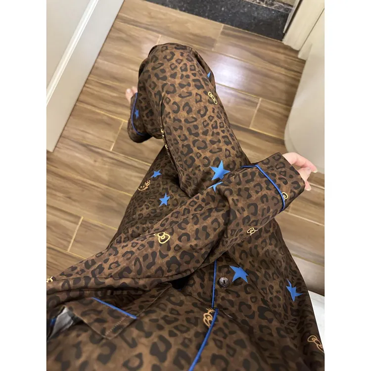 法式高级感豹纹印花冰丝睡衣女春秋新款长袖大码可外穿家居服套装