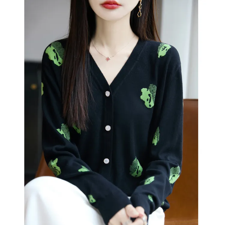 时尚品牌女装春秋季提花精纺毛针织衫开衫外套女宽松长袖V领上衣