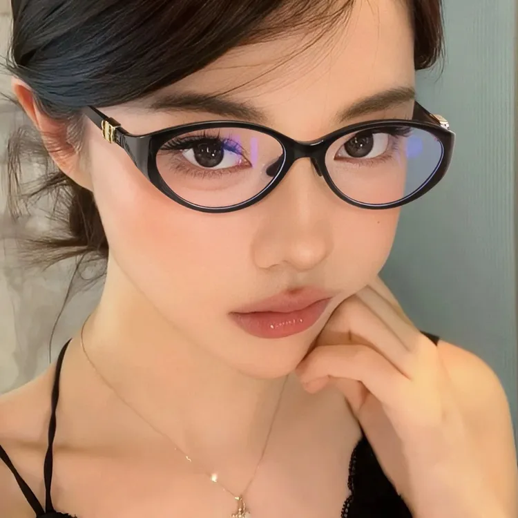 椭圆小猫眼黑框眼镜可配度数女款高级感素颜神器大脸显瘦