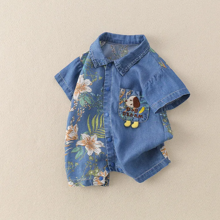 2025新款夏季婴儿牛仔蓝连体衣可爱卡通外出服宝宝夏