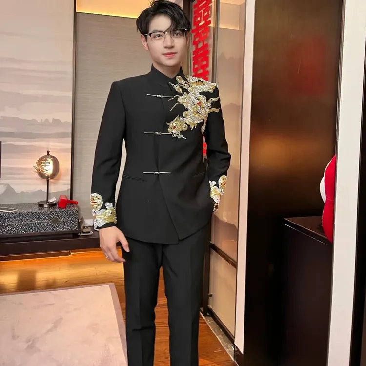 新中式中山装男士结婚套装黑色立领西装外套高端订婚新郎中式礼服
