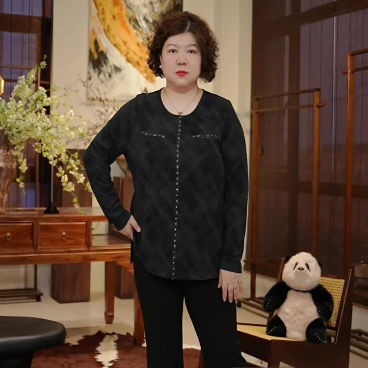 金雀绫【璀璨银河】欧式设计师钉珠长袖圆领加宽加大衬衫SZA2SL562