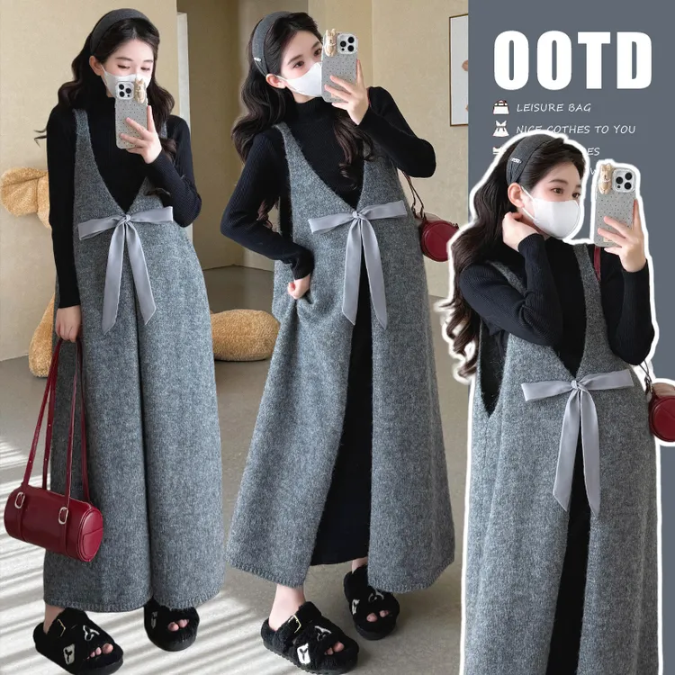 孕妇套装秋冬新款优质韩版半高领连衣裙前后可穿马甲连衣裙孕妇装