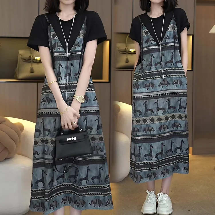韩版松弛感民族风假两件连衣裙女夏季2025新款宽松显瘦休闲T恤裙