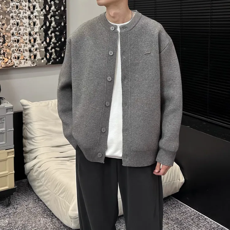 大码男装春秋新款棒球领粗针开衫纯色宽松休闲慵懒感毛衣外套男