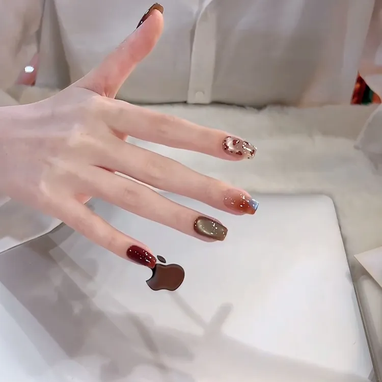 【琥珀流光】初秋短款豹纹猫眼法式显白手工穿戴甲高级感网红指甲片