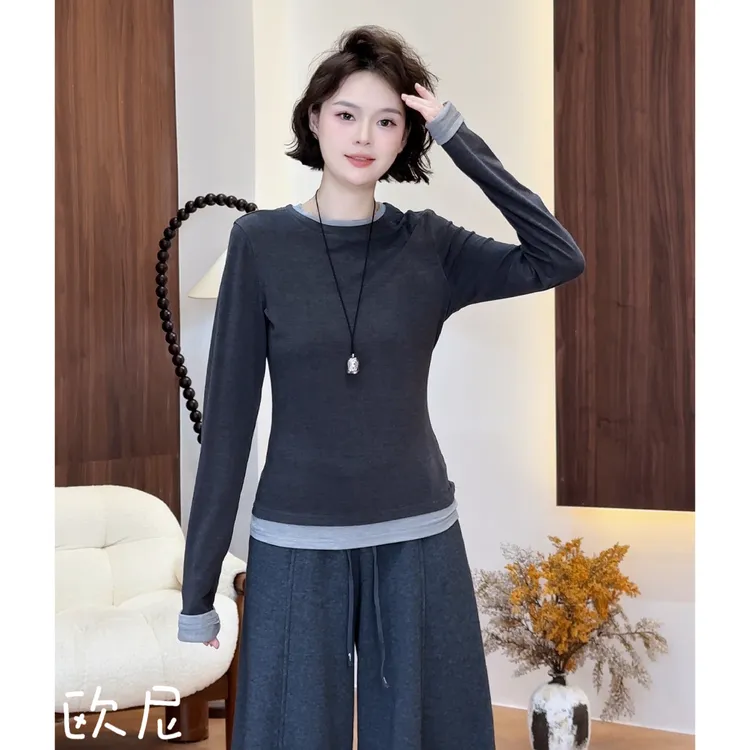 欧尼私服 2025秋季新款撞色拼接圆领长袖打底修身上衣2510C6677
