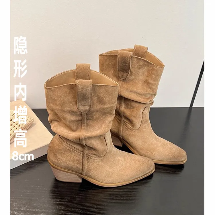 赵露思同款尖头堆堆靴短靴女高跟复古西部牛仔骑士靴马丁靴子春秋