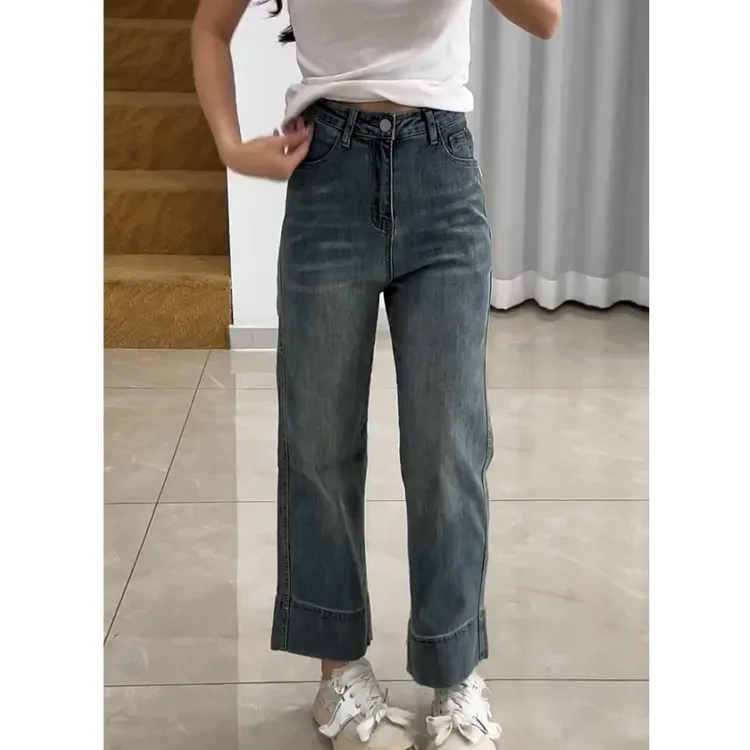 大码复古高腰牛仔裤女秋季弹力九分直筒裤时尚胖mm显瘦烟管裤子潮