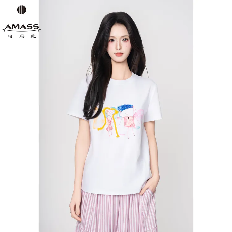 AMASS/阿玛施春夏新款时尚休闲舒适涂鸦圆领短袖棉质T恤女 530082