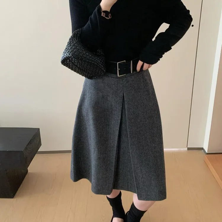 欧货复古毛呢半身裙女秋冬新款高腰显瘦a字裙时尚百搭开叉中裙子